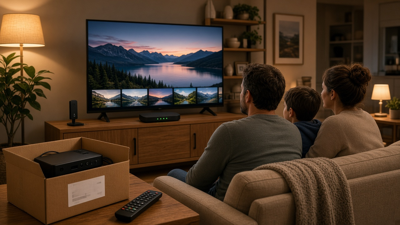 Family keeping home internet while packing television equipment for return