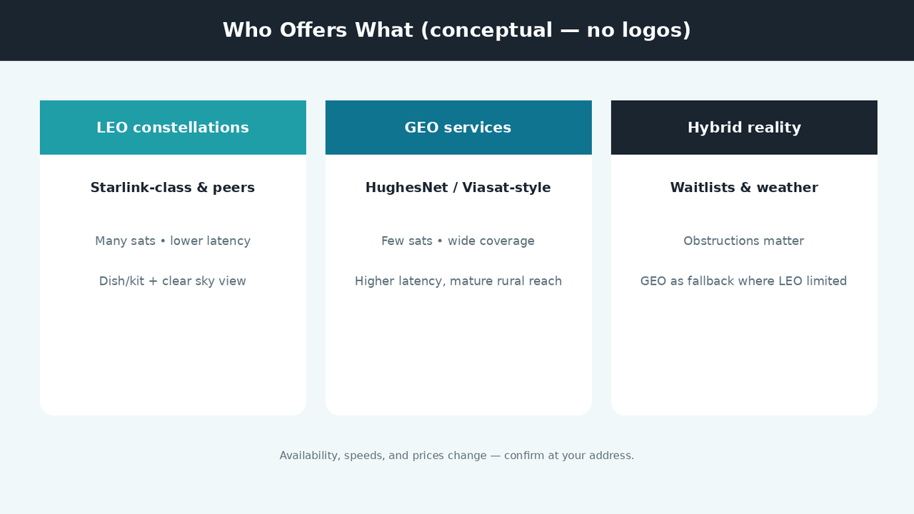 Three cards comparing LEO constellations, GEO services, and hybrid waitlist reality