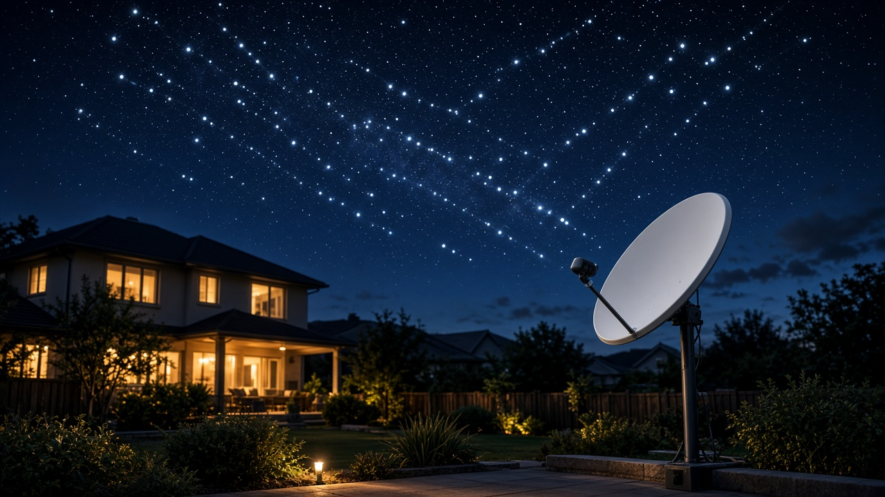 Home satellite terminal beneath a stylized field of low-orbit satellites