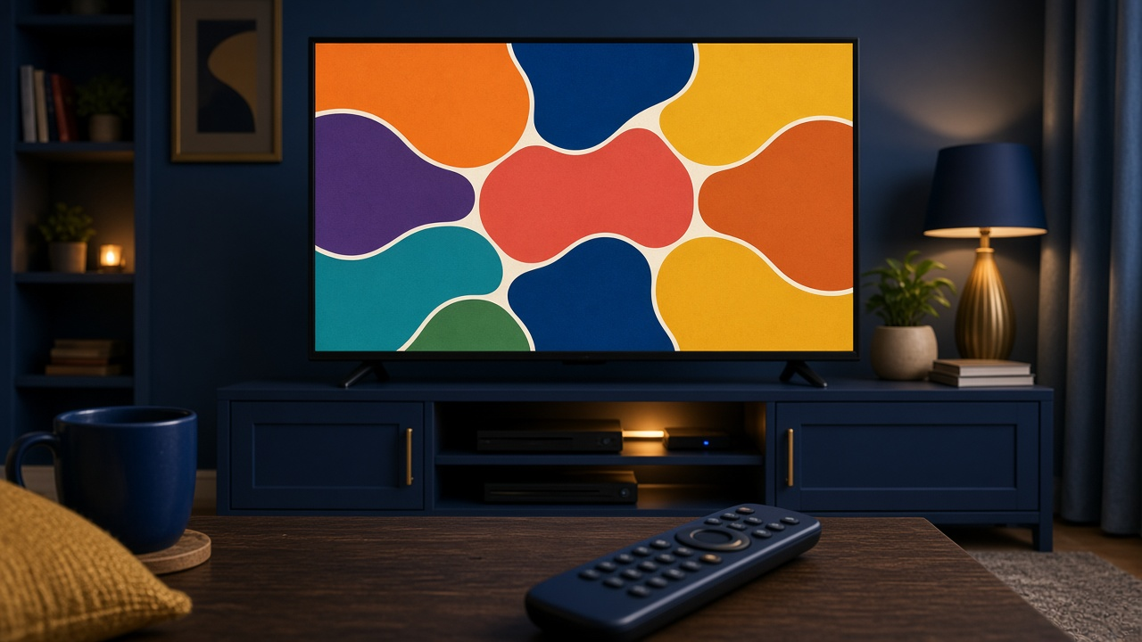 Television displaying a colorful entertainment channel screen