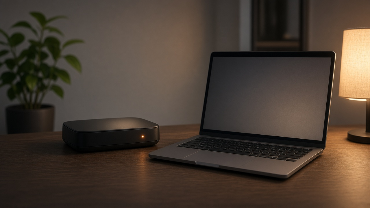 Home networking desk with router, cable, and laptop